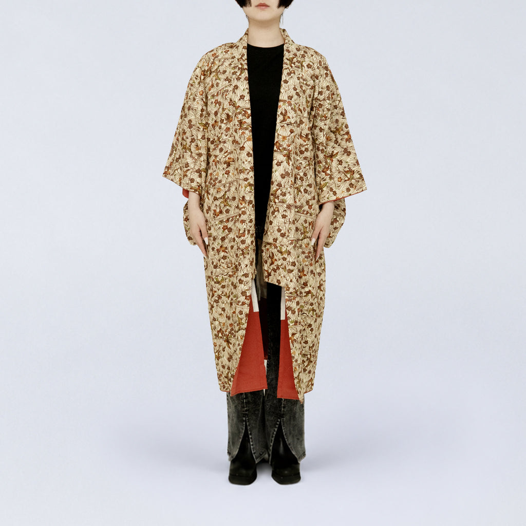 Handcrafted Robe from Vintage Kimono - Brown Flower & Bird Design D035