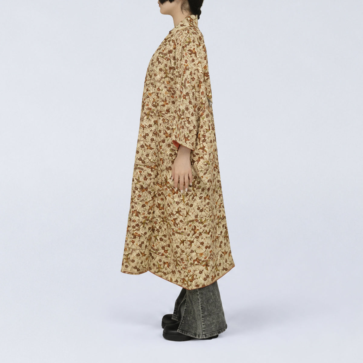 Handcrafted Robe from Vintage Kimono - Brown Flower & Bird Design D035