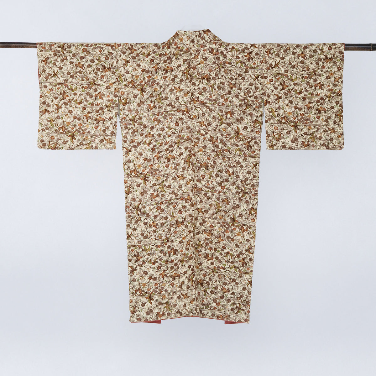 Handcrafted Robe from Vintage Kimono - Brown Flower & Bird Design D035