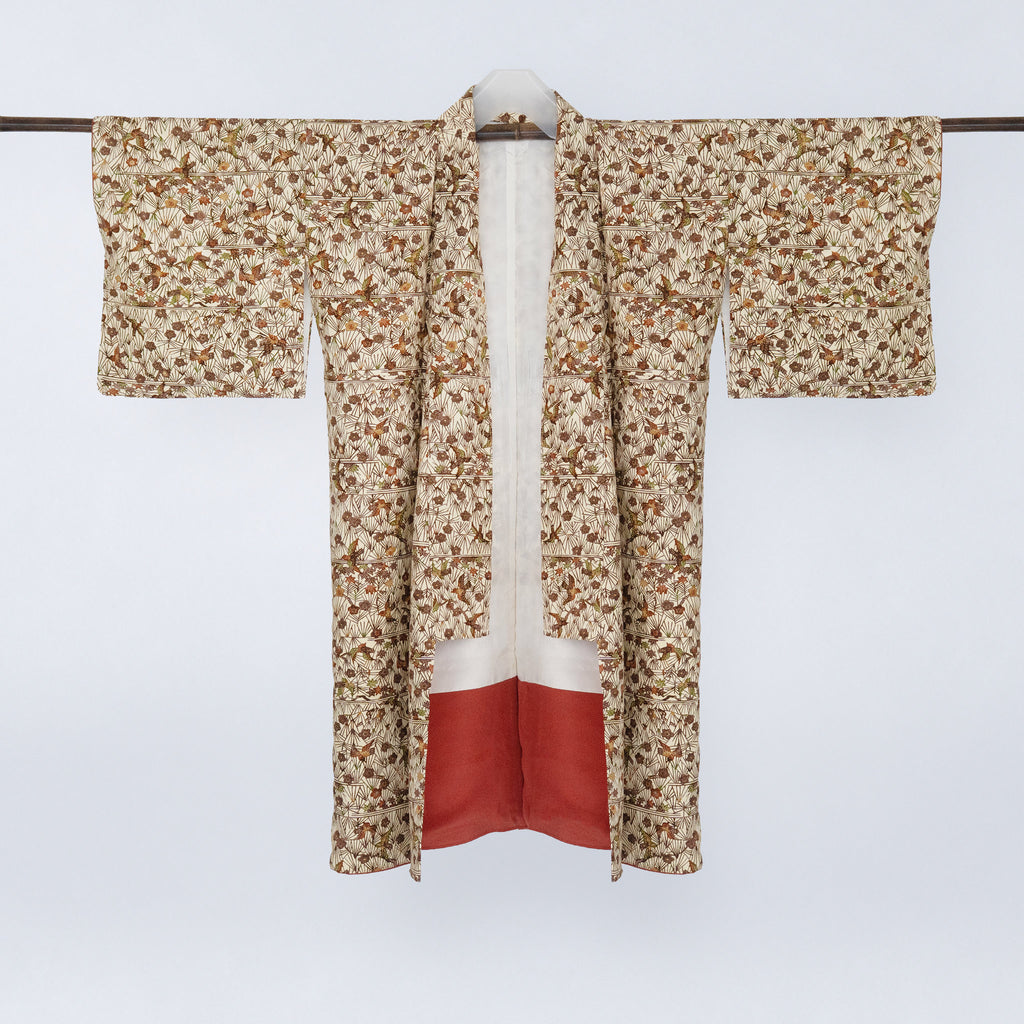 Handcrafted Robe from Vintage Kimono - Brown Flower & Bird Design D035