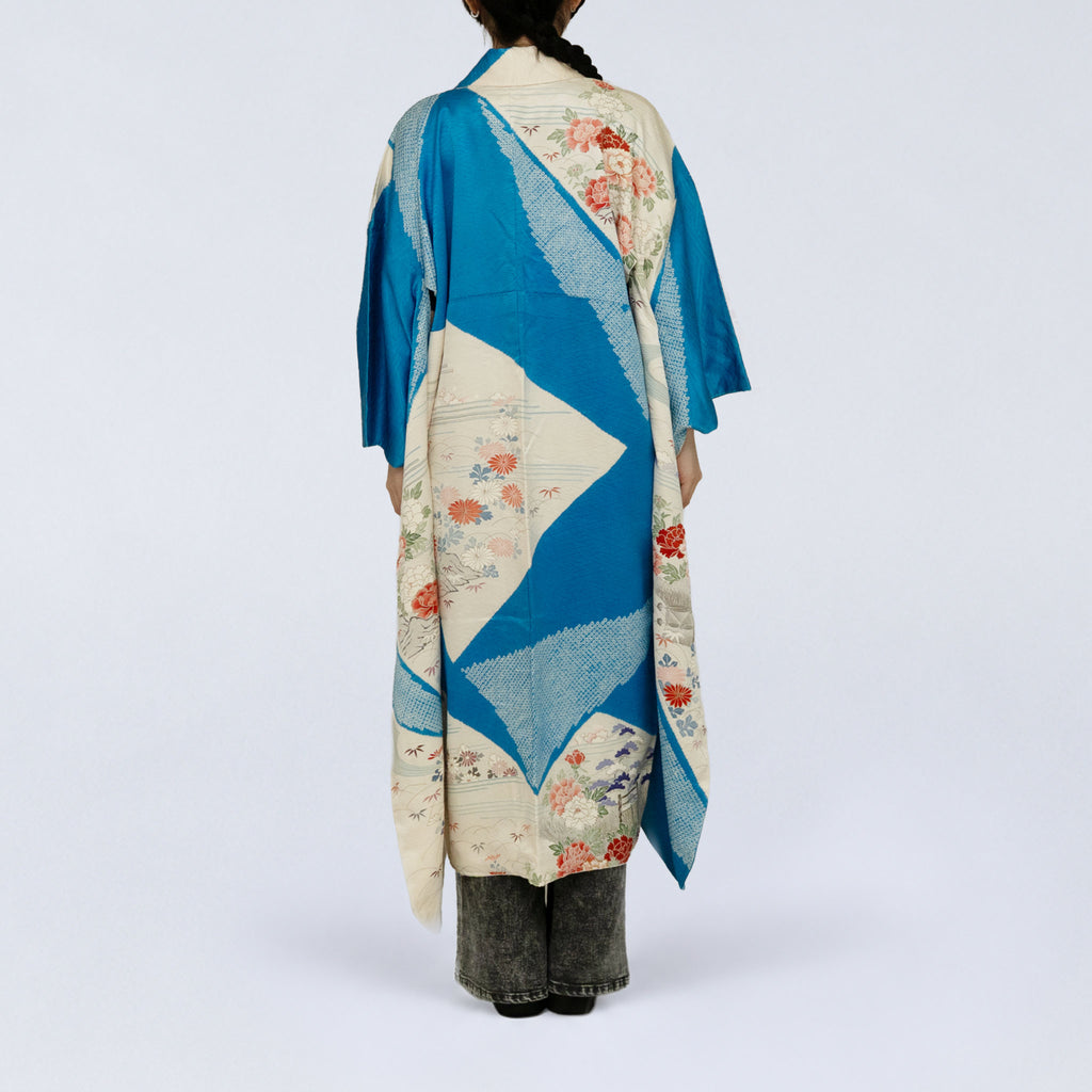 Handcrafted Robe from Vintage Kimono - Vivid Turquoise Blue & Peony Floral Design D037
