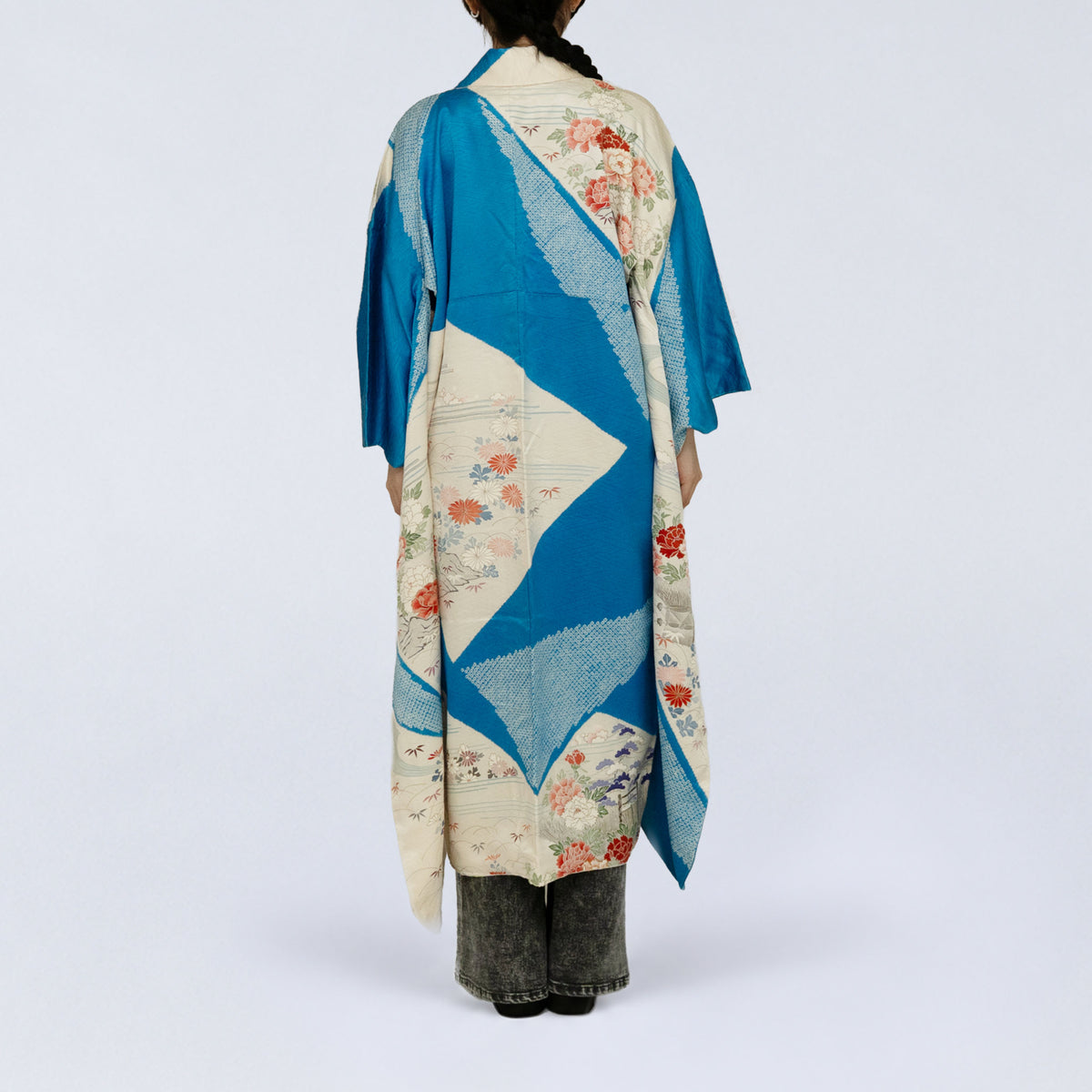 Handcrafted Robe from Vintage Kimono - Vivid Turquoise Blue & Peony Floral Design D037