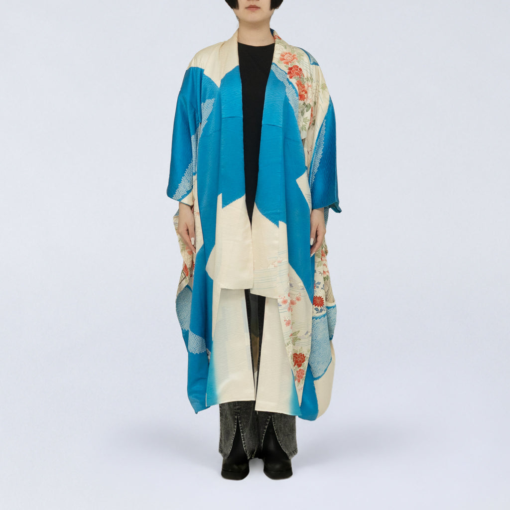 Handcrafted Robe from Vintage Kimono - Vivid Turquoise Blue & Peony Floral Design D037