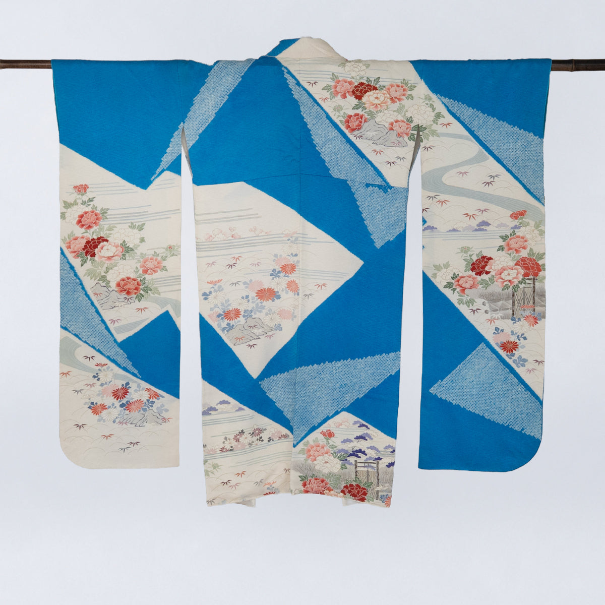 Handcrafted Robe from Vintage Kimono - Vivid Turquoise Blue & Peony Floral Design D037