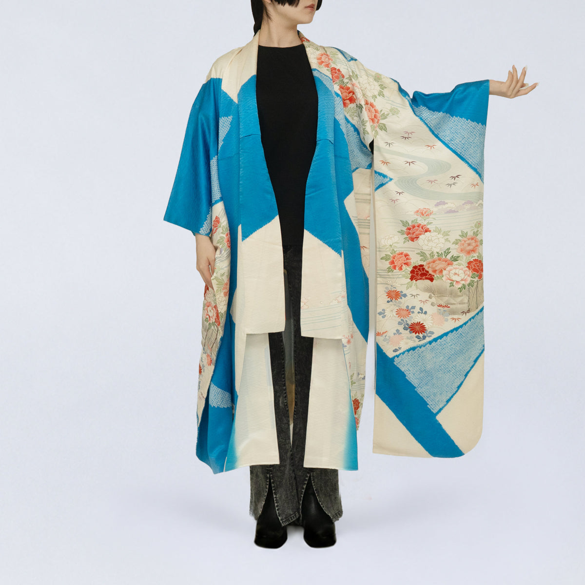 Handcrafted Robe from Vintage Kimono - Vivid Turquoise Blue & Peony Floral Design D037