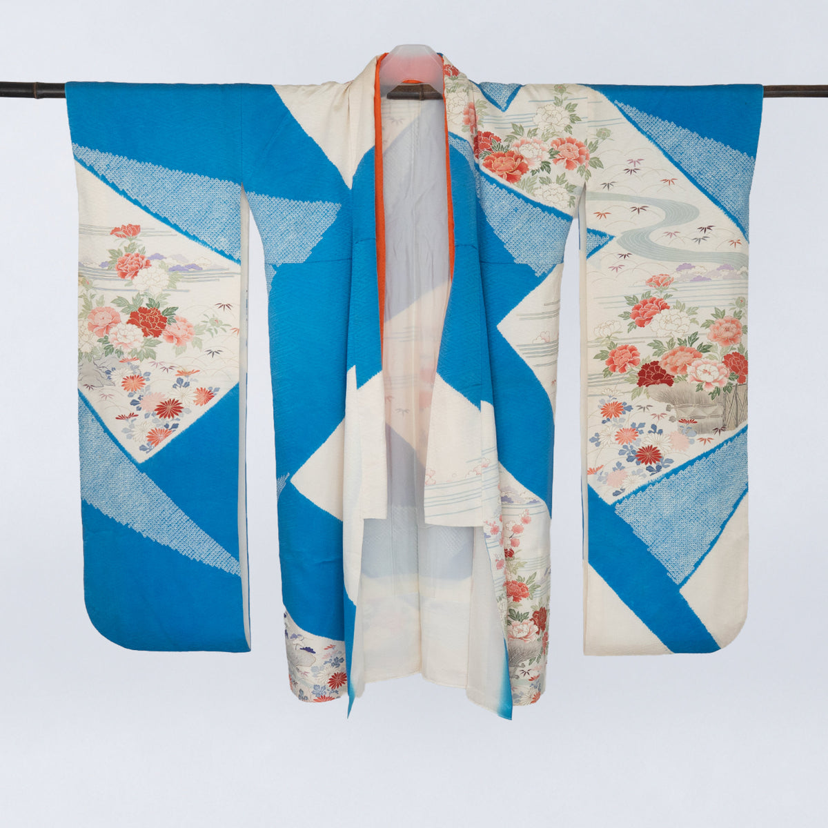 Handcrafted Robe from Vintage Kimono - Vivid Turquoise Blue & Peony Floral Design D037