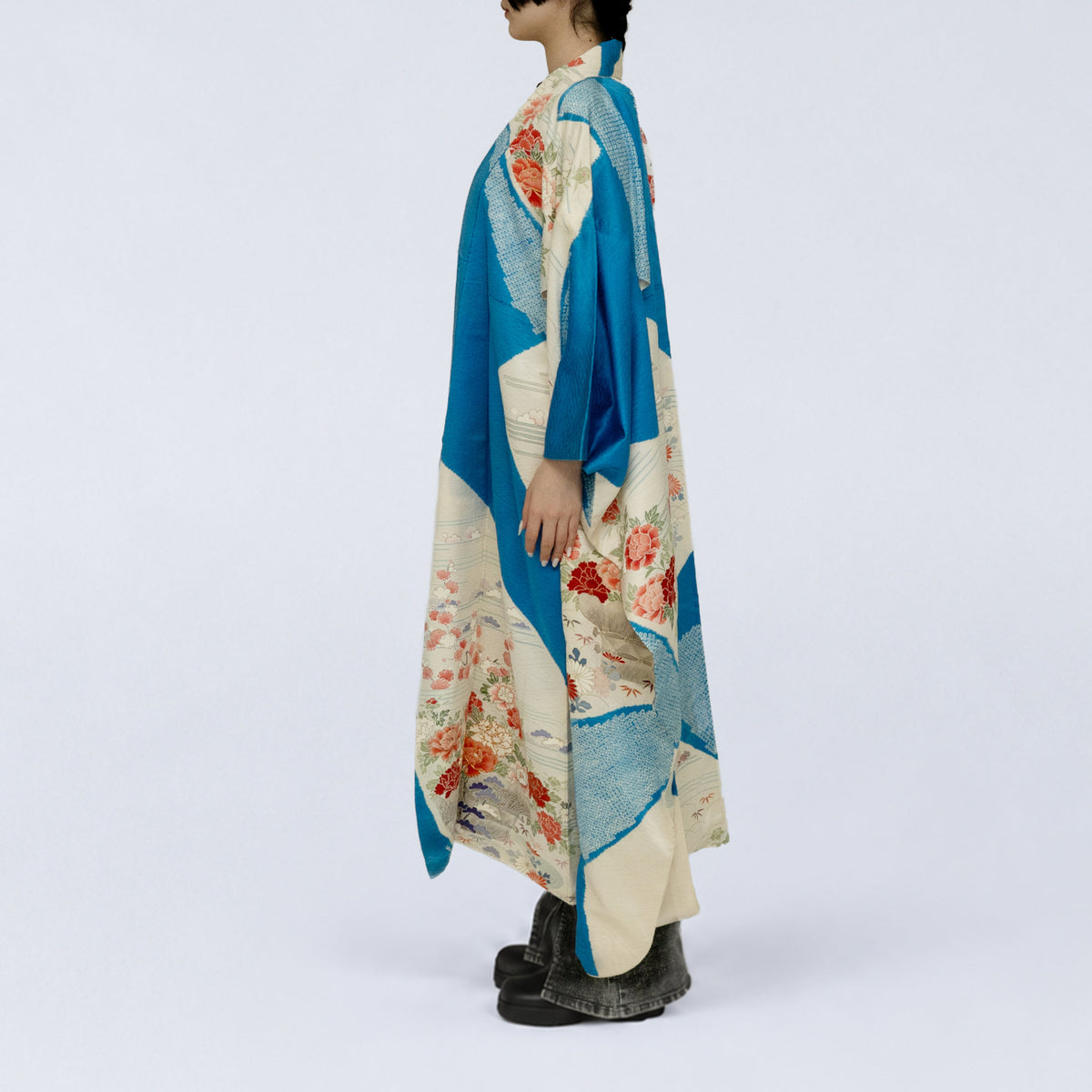 Handcrafted Robe from Vintage Kimono - Vivid Turquoise Blue & Peony Floral Design D037