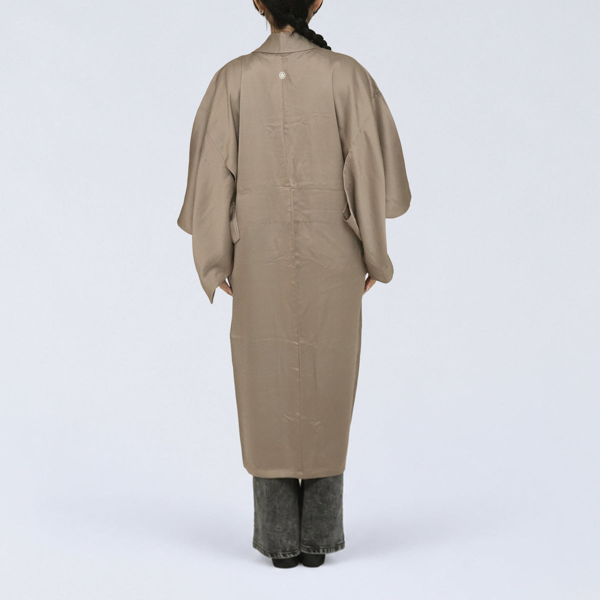 Handcrafted Robe from Vintage Kimono - Champagne Beige Jacquard Check Pattern Design D038