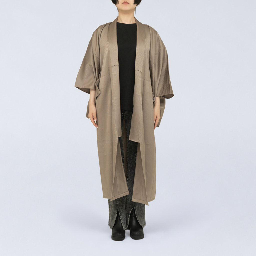 Handcrafted Robe from Vintage Kimono - Champagne Beige Jacquard Check Pattern Design D038