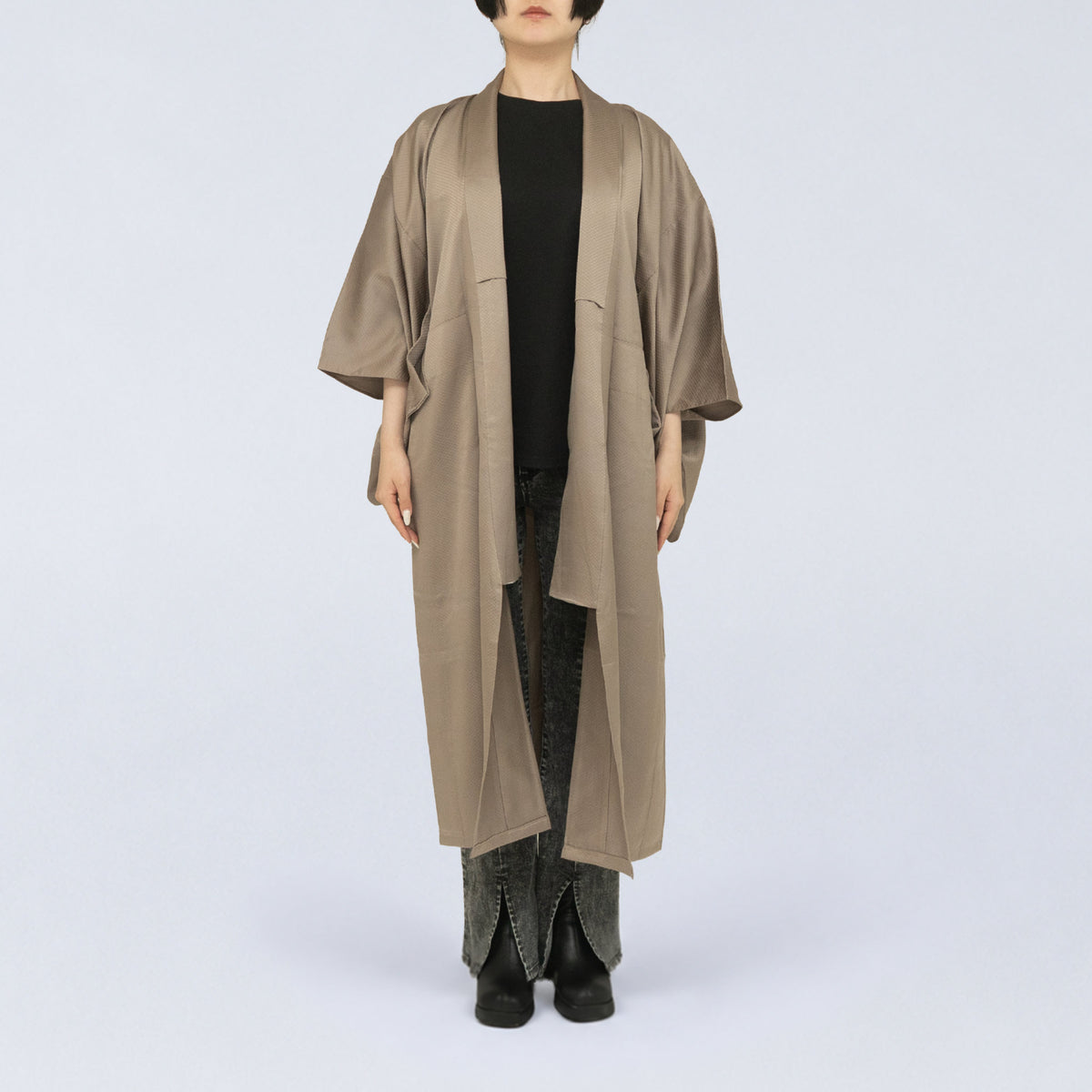 Handcrafted Robe from Vintage Kimono - Champagne Beige Jacquard Check Pattern Design D038