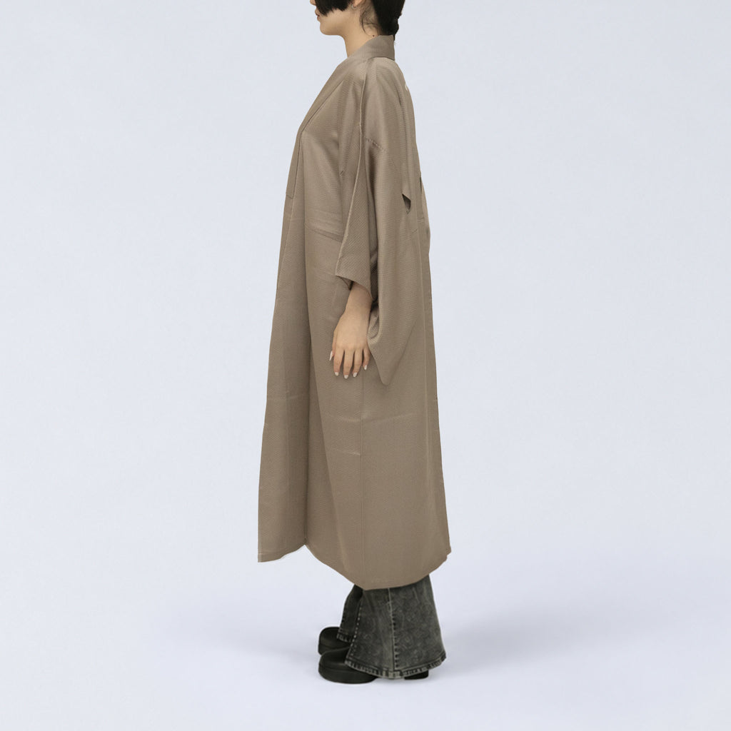 Handcrafted Robe from Vintage Kimono - Champagne Beige Jacquard Check Pattern Design D038
