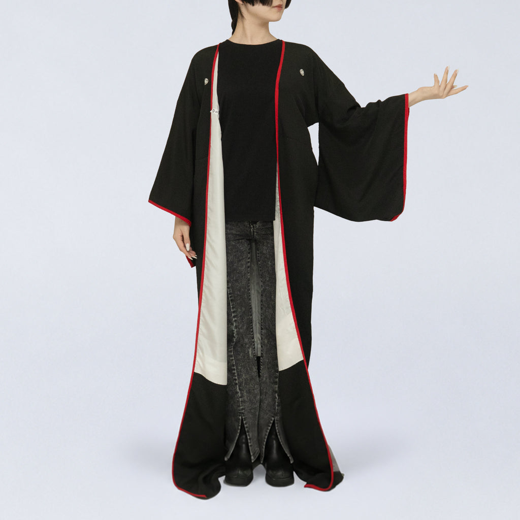 Handcrafted Robe from Vintage Kimono - Black & White Chrysanthemum Design D039