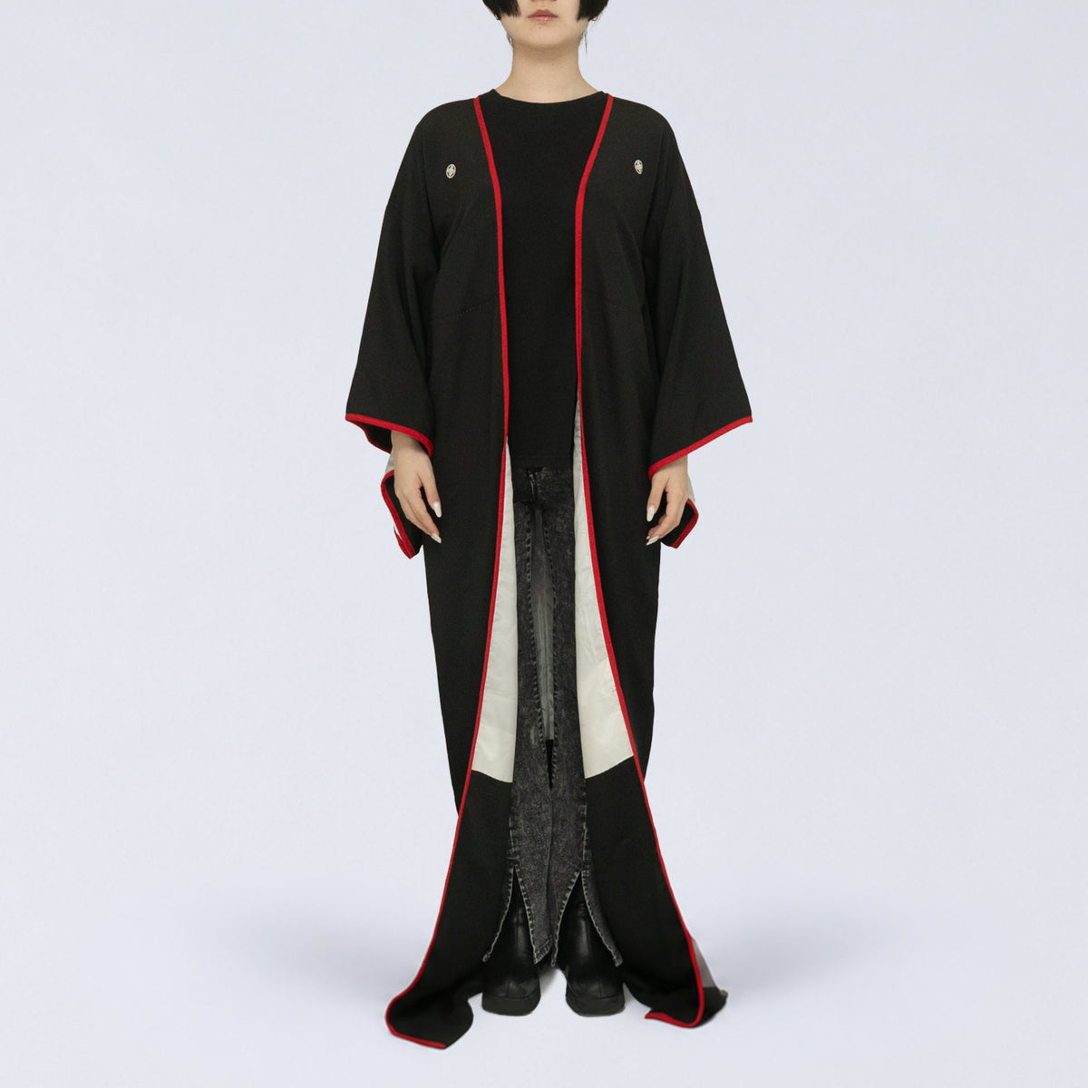 Handcrafted Robe from Vintage Kimono - Black & White Chrysanthemum Design D039