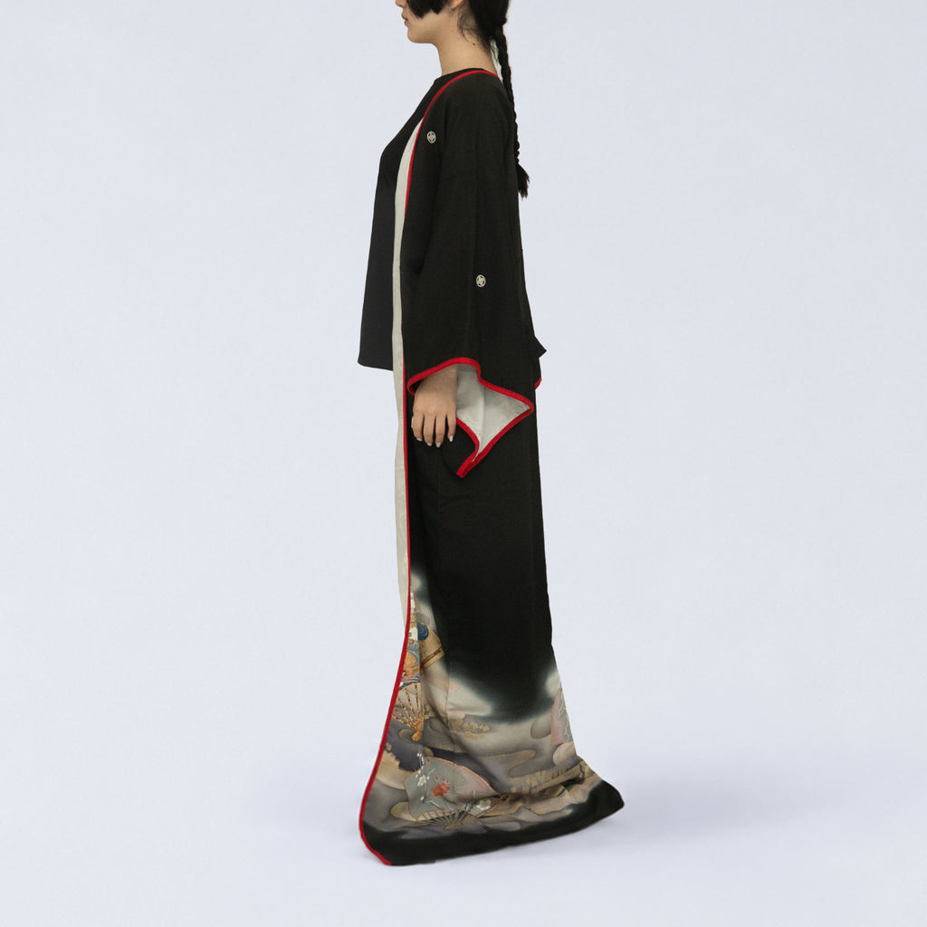 Handcrafted Robe from Vintage Kimono - Black & White Chrysanthemum Design D039