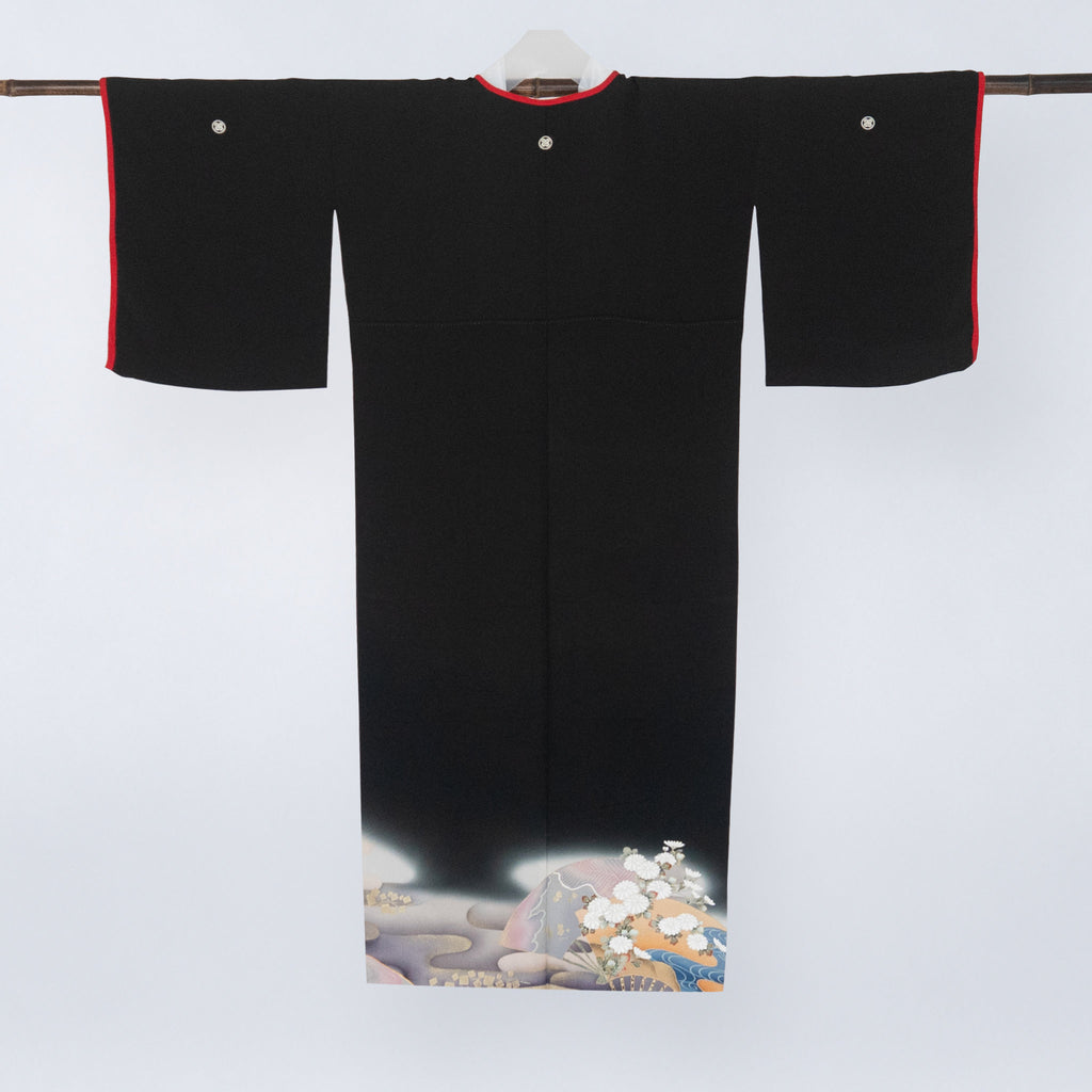 Handcrafted Robe from Vintage Kimono - Black & White Chrysanthemum Design D039