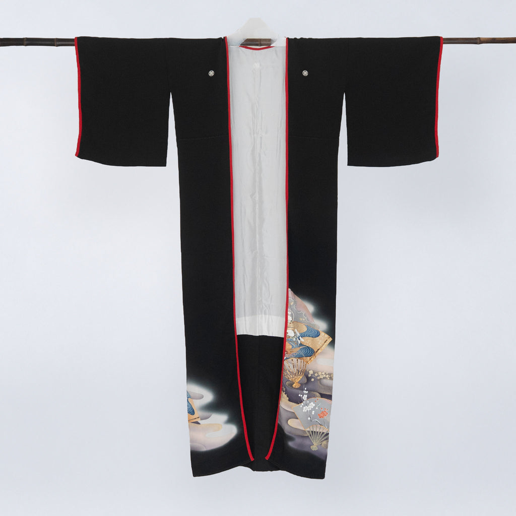 Handcrafted Robe from Vintage Kimono - Black & White Chrysanthemum Design D039