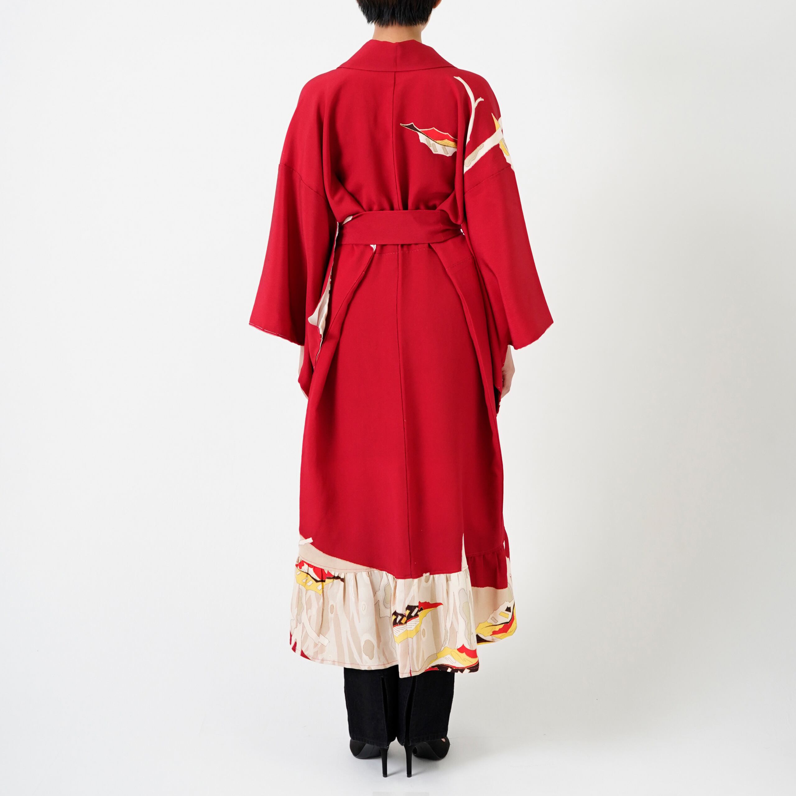 Handcrafted Robe from Vintage Kimono - Red Botanical Design D011