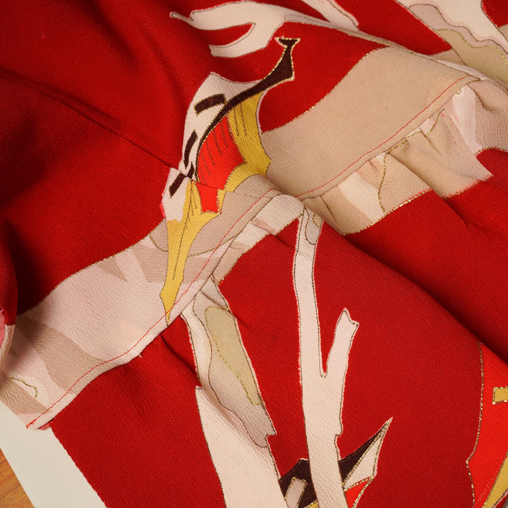 Handcrafted Robe from Vintage Kimono - Red Botanical Design D011