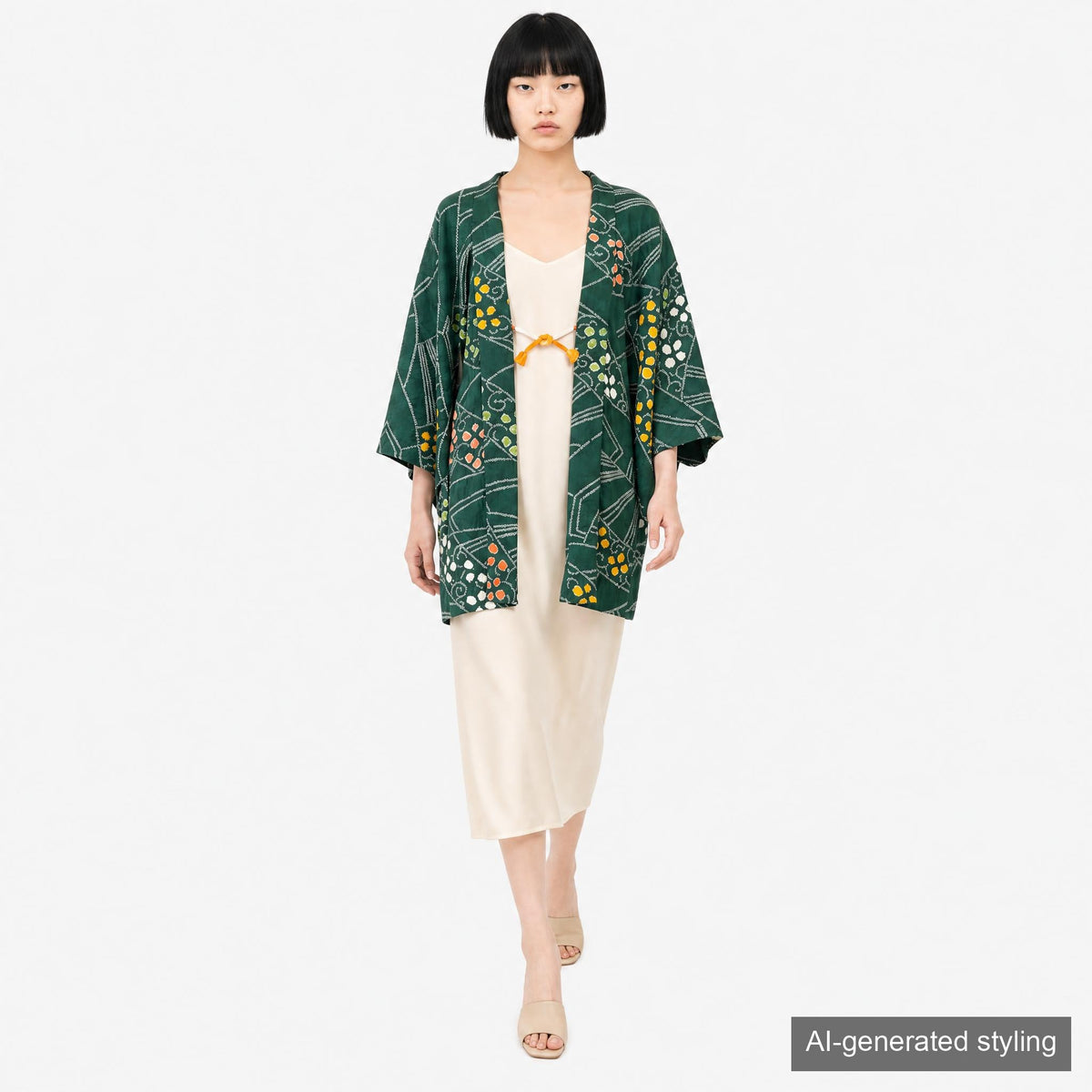 Vintage Kimono Jacket (Haori) - Green Shibori-Dyed H001