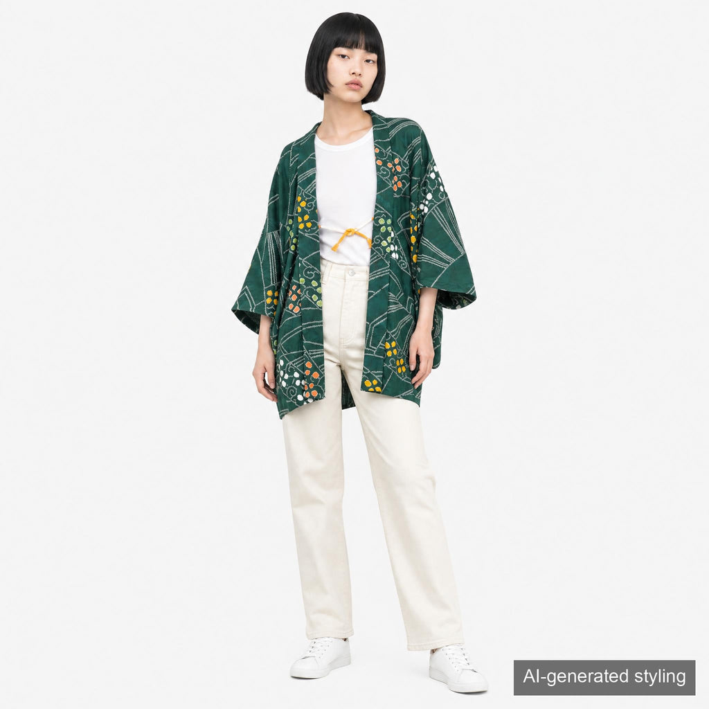 Vintage Kimono Jacket (Haori) - Green Shibori-Dyed H001