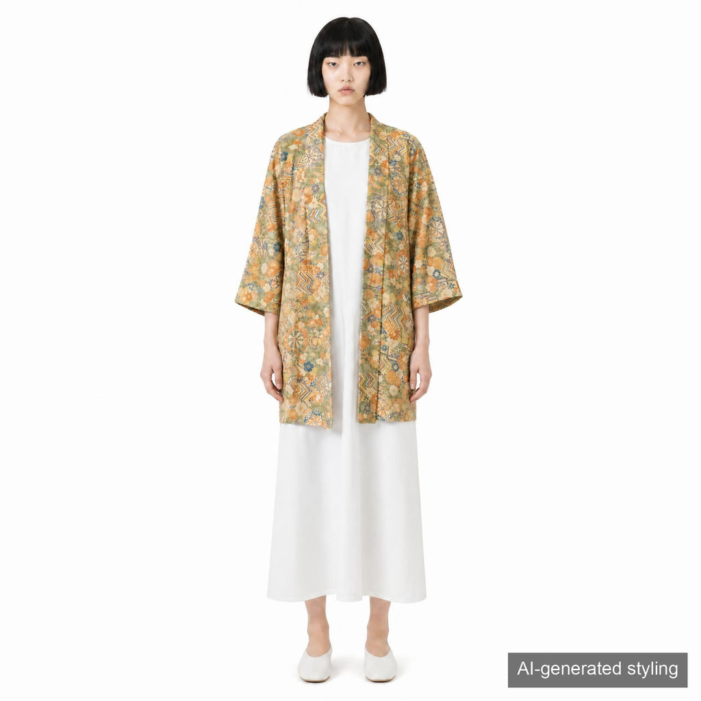 Vintage Kimono Jacket (Haori) - Khaki Orange Botanical Pattern H002