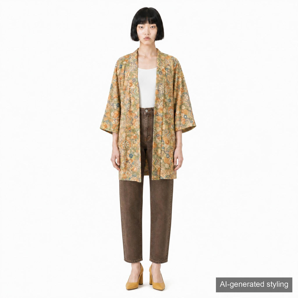 Vintage Kimono Jacket (Haori) - Khaki Orange Botanical Pattern H002