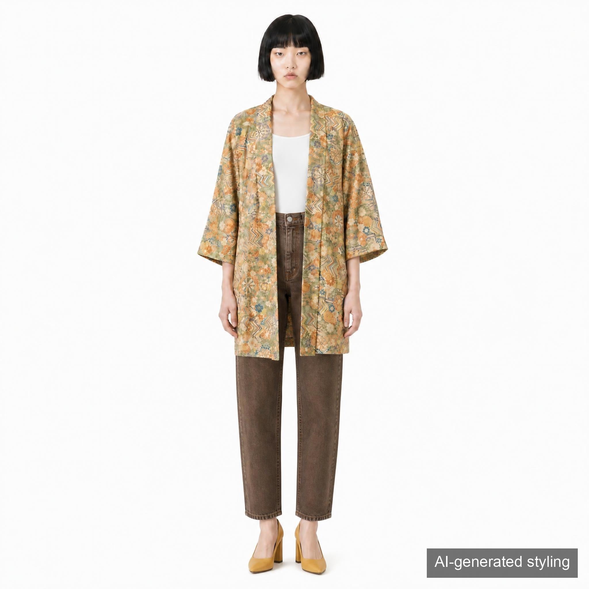 Vintage Kimono Jacket (Haori) - Khaki Orange Botanical Pattern H002
