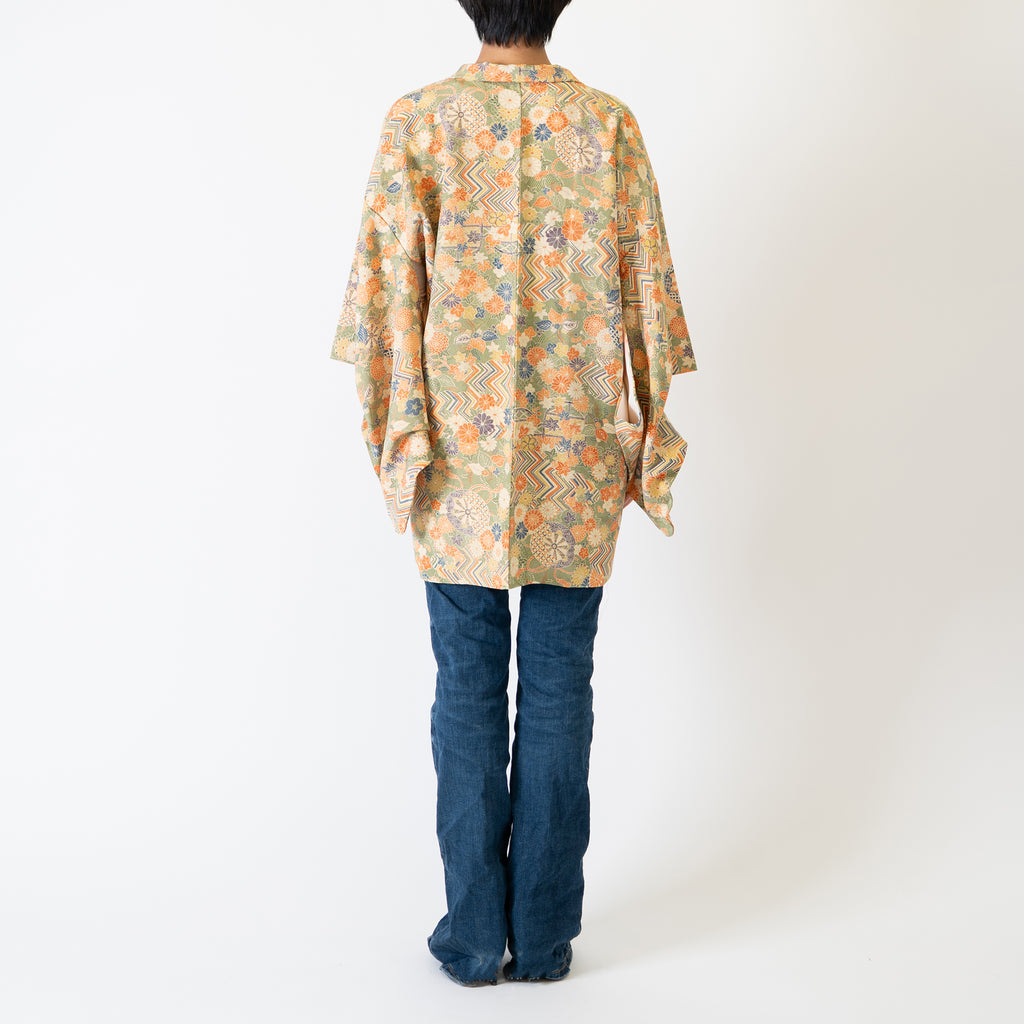 Vintage Kimono Jacket (Haori) - Khaki Orange Botanical Pattern H002