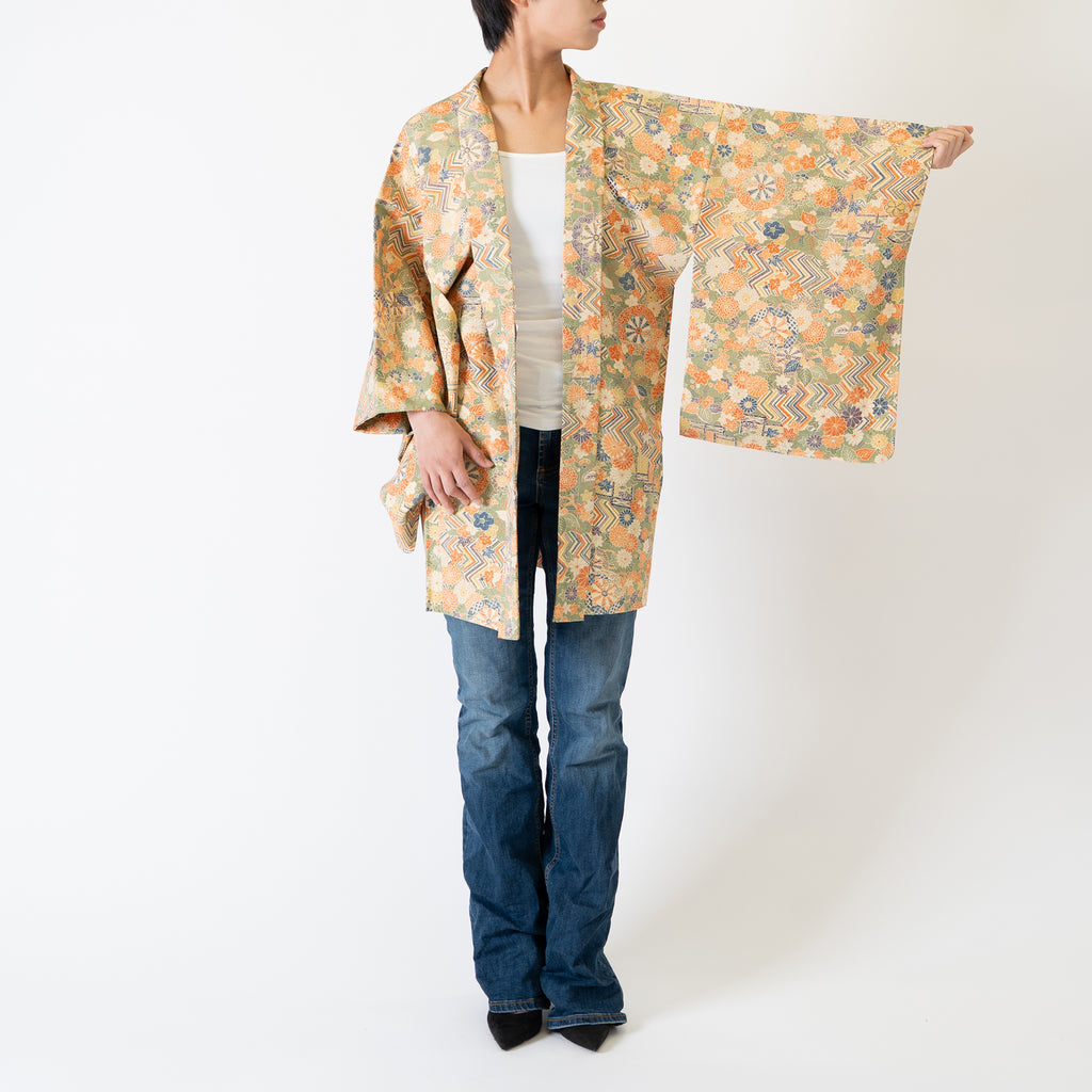 Vintage Kimono Jacket (Haori) - Khaki Orange Botanical Pattern H002