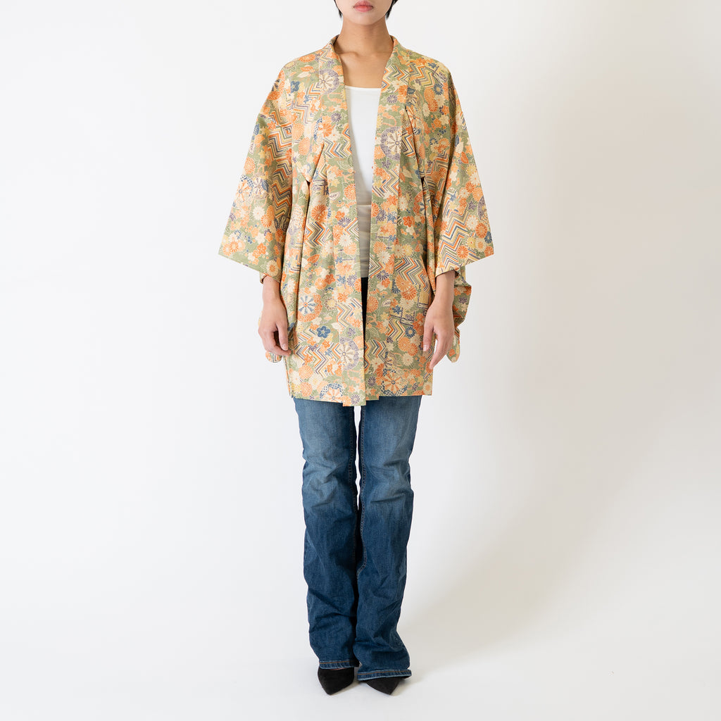 Vintage Kimono Jacket (Haori) - Khaki Orange Botanical Pattern H002