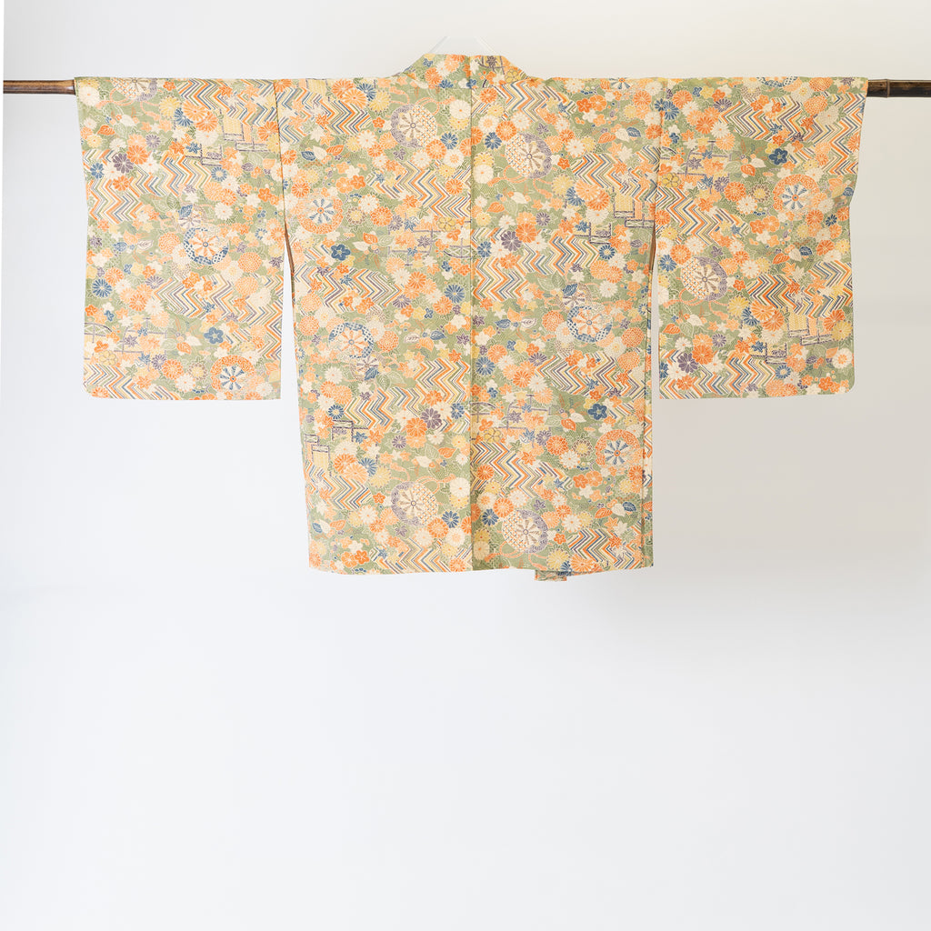 Vintage Kimono Jacket (Haori) - Khaki Orange Botanical Pattern H002