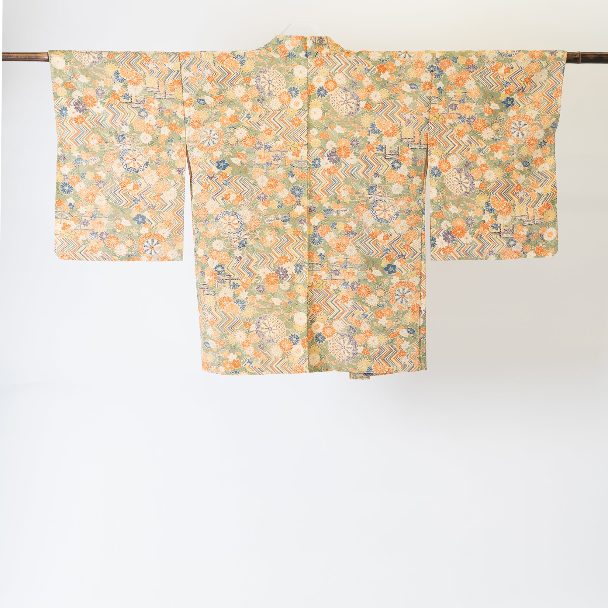 Vintage Kimono Jacket (Haori) - Khaki Orange Botanical Pattern H002