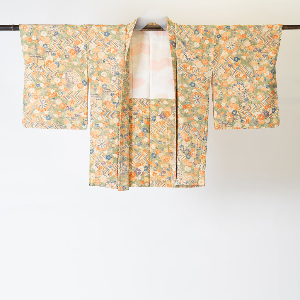 Vintage Kimono Jacket (Haori) - Khaki Orange Botanical Pattern H002