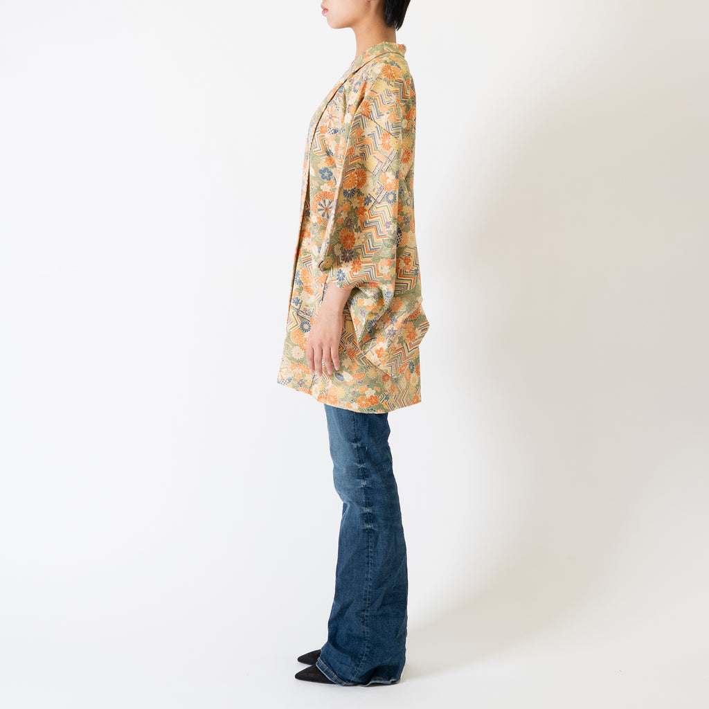 Vintage Kimono Jacket (Haori) - Khaki Orange Botanical Pattern H002