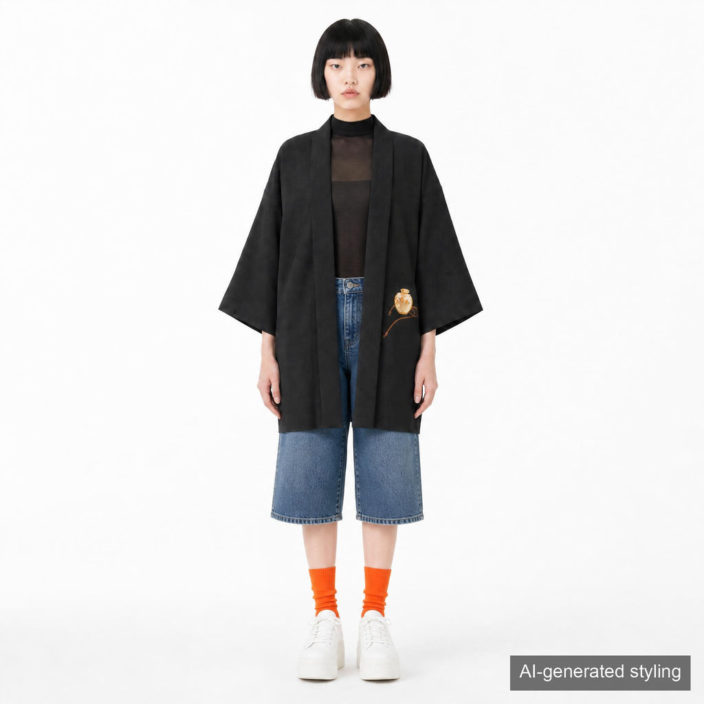 Vintage Kimono Jacket (Haori) - Black color with Vase Red rope and Fan Motifs H003