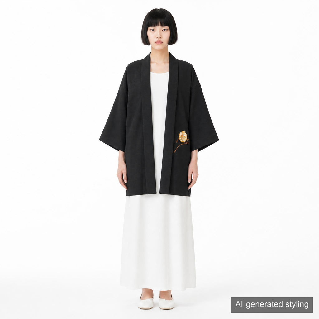Vintage Kimono Jacket (Haori) - Black color with Vase Red rope and Fan Motifs H003