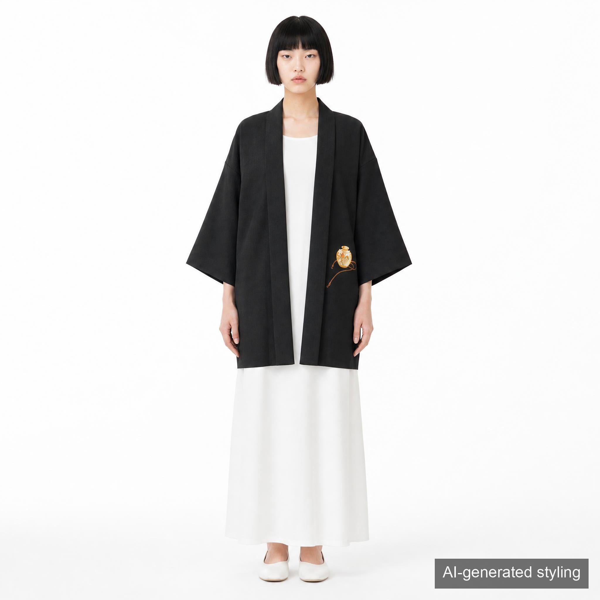 Vintage Kimono Jacket (Haori) - Black color with Vase Red rope and Fan Motifs H003