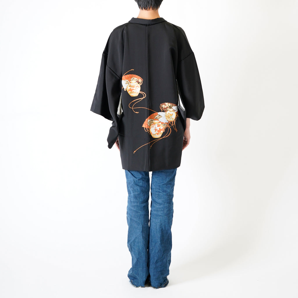 Vintage Kimono Jacket (Haori) - Black color with Vase Red rope and Fan Motifs H003