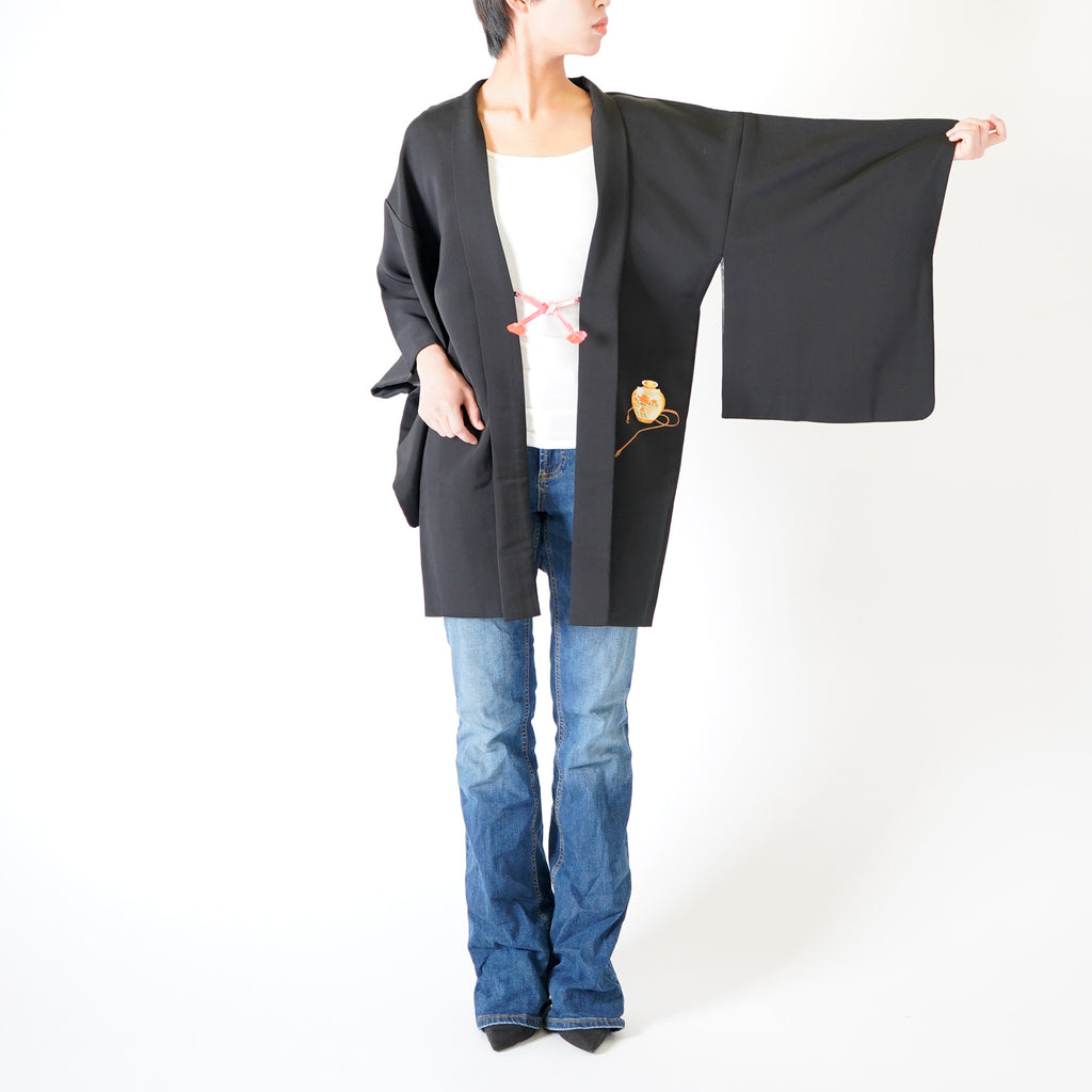 Vintage Kimono Jacket (Haori) - Black color with Vase Red rope and Fan Motifs H003