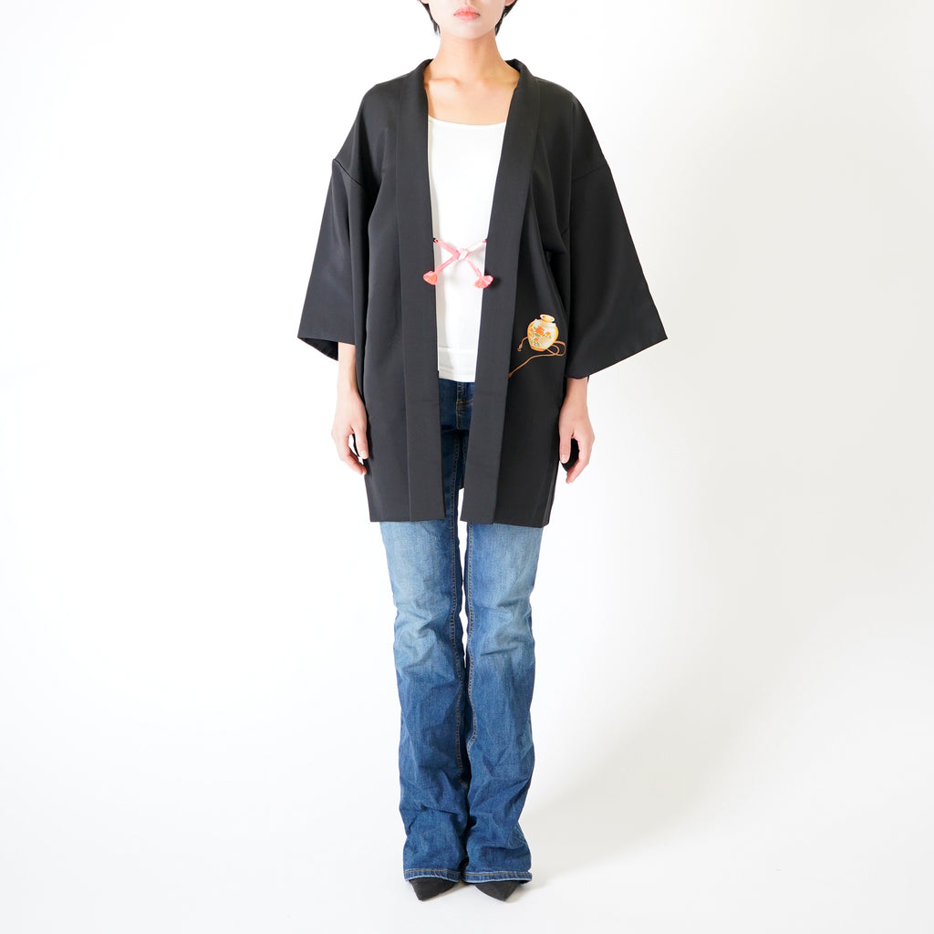 Vintage Kimono Jacket (Haori) - Black color with Vase Red rope and Fan Motifs H003