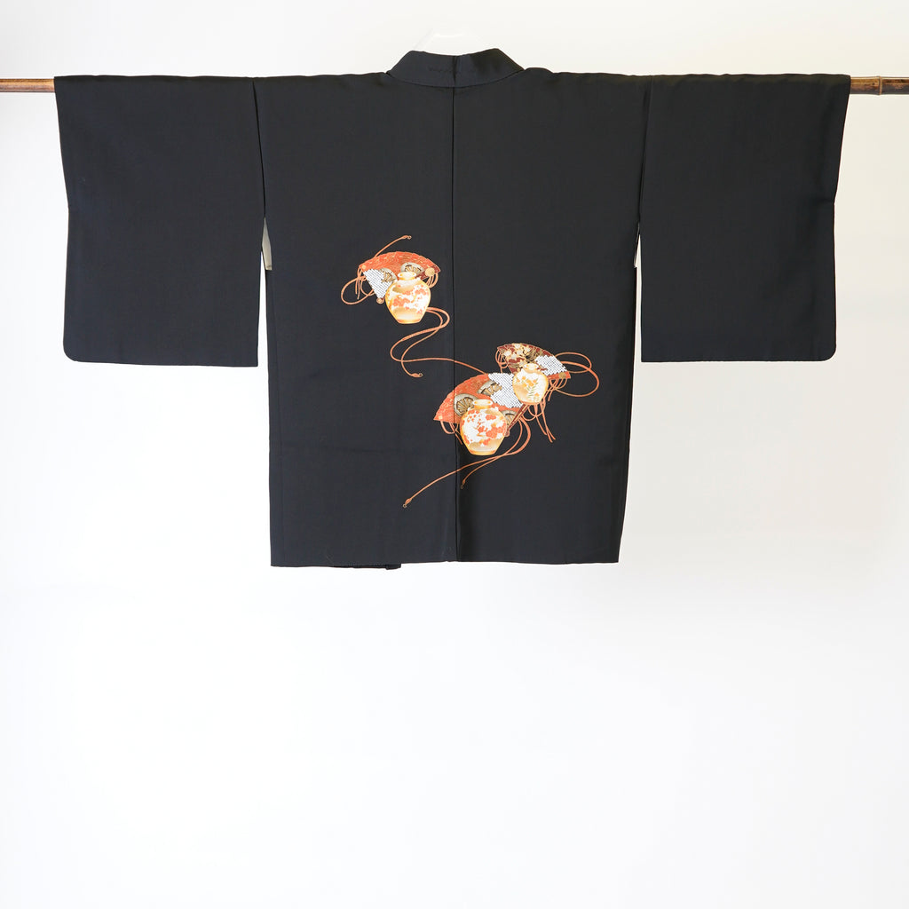 Vintage Kimono Jacket (Haori) - Black color with Vase Red rope and Fan Motifs H003