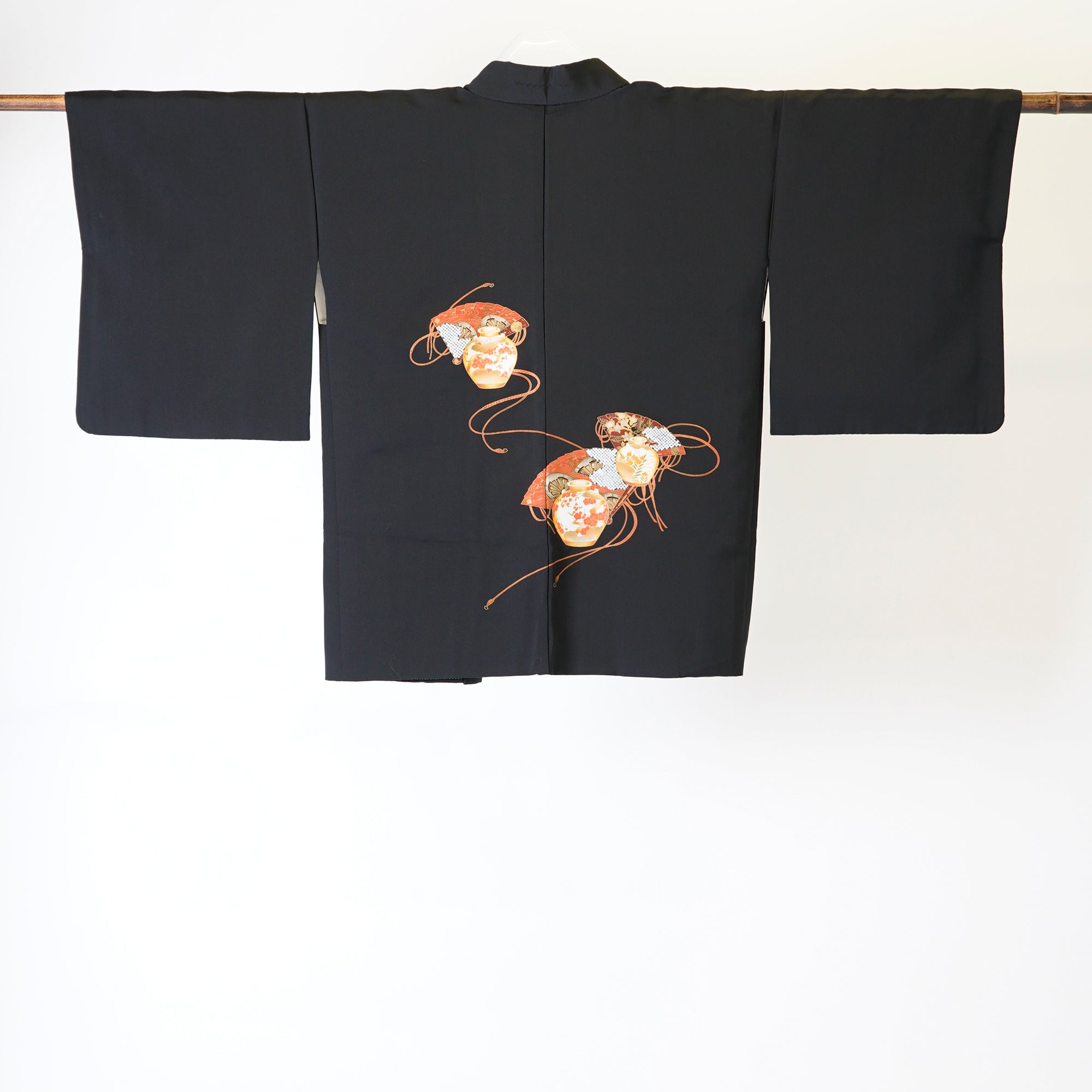 Vintage Kimono Jacket (Haori) - Black color with Vase Red rope and Fan Motifs H003