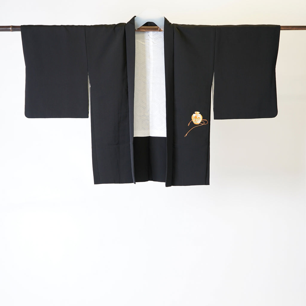 Vintage Kimono Jacket (Haori) - Black color with Vase Red rope and Fan Motifs H003