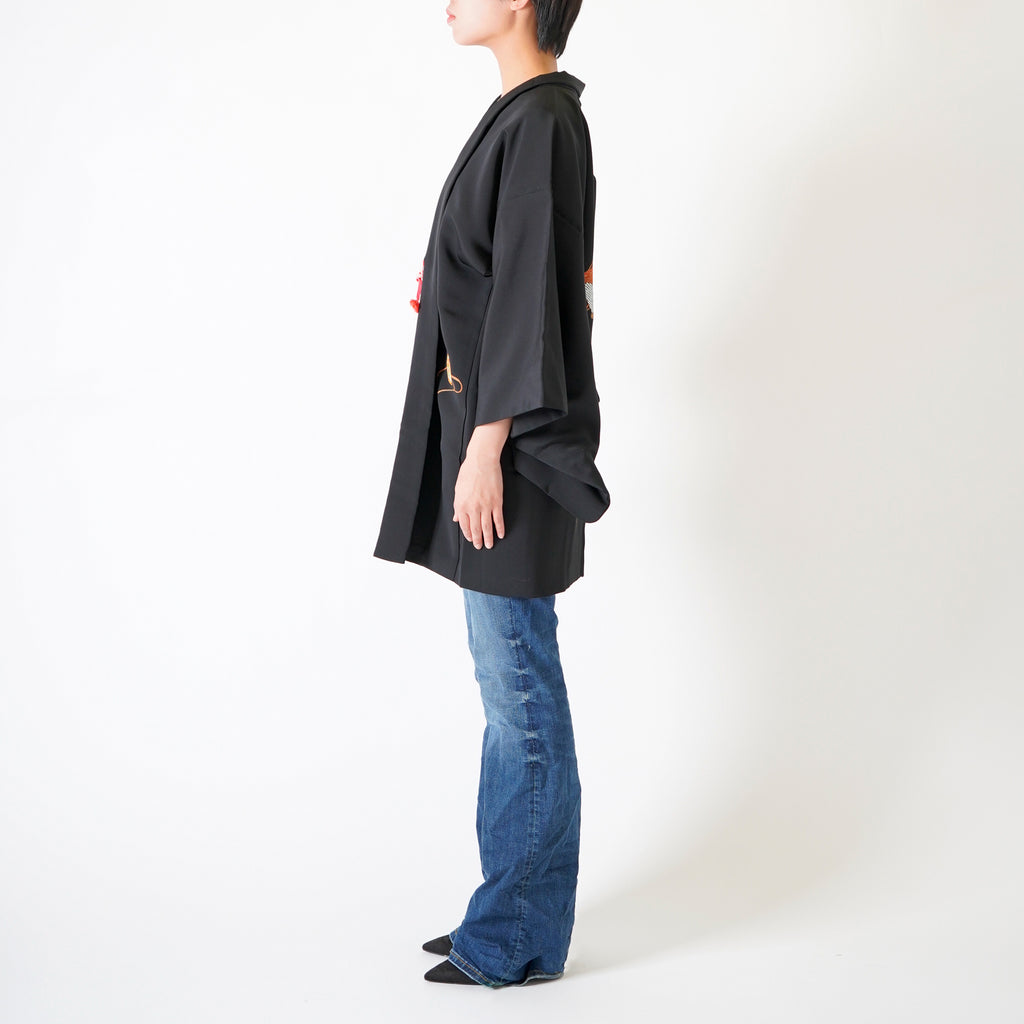 Vintage Kimono Jacket (Haori) - Black color with Vase Red rope and Fan Motifs H003
