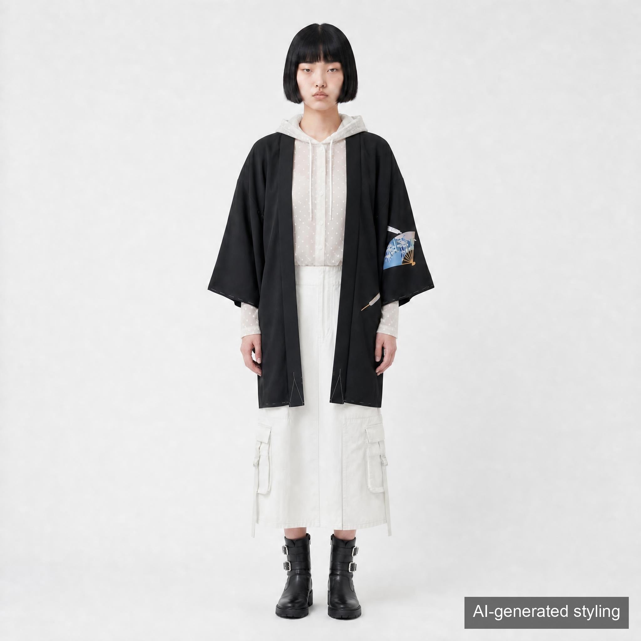 Vintage Kimono Jacket (Haori) - Black Fan Motifs H010