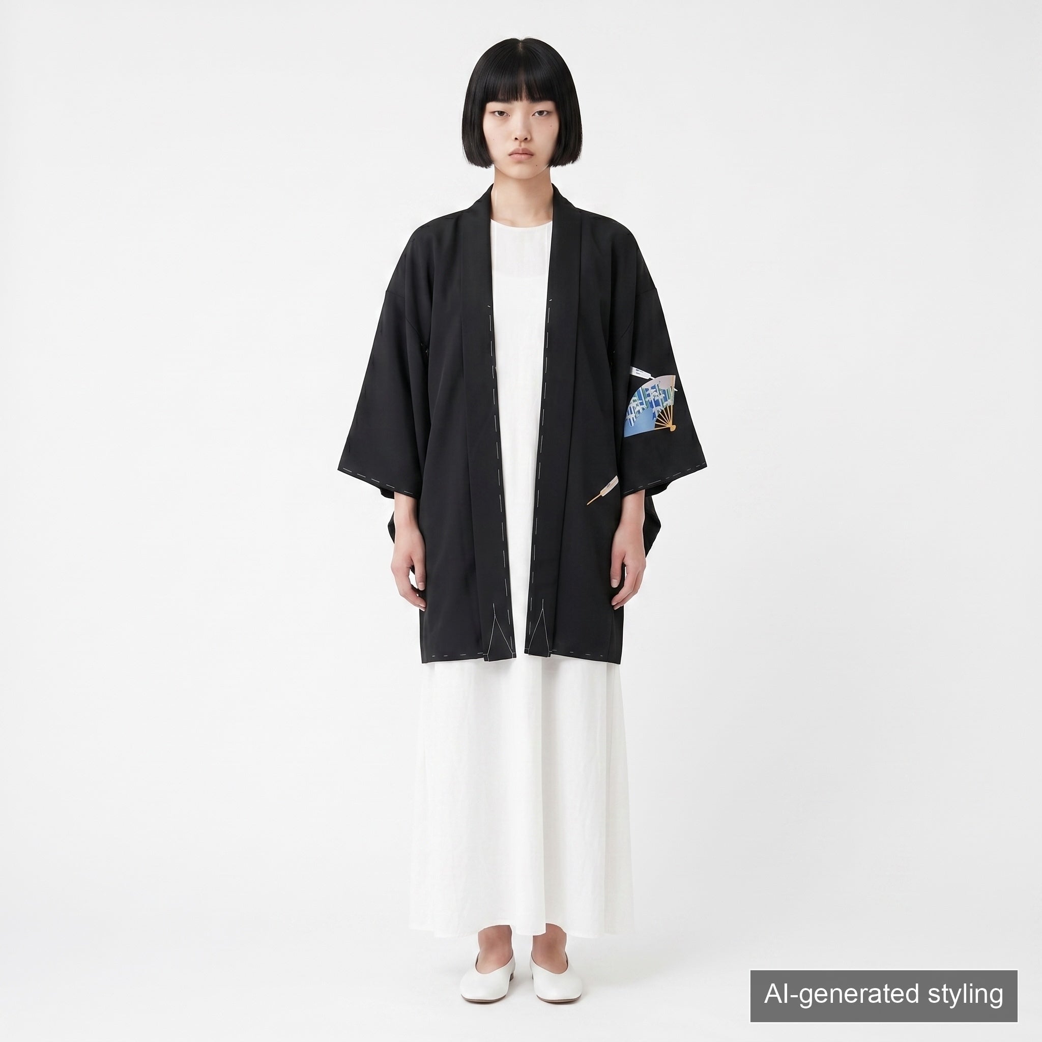 Vintage Kimono Jacket (Haori) - Black Fan Motifs H010