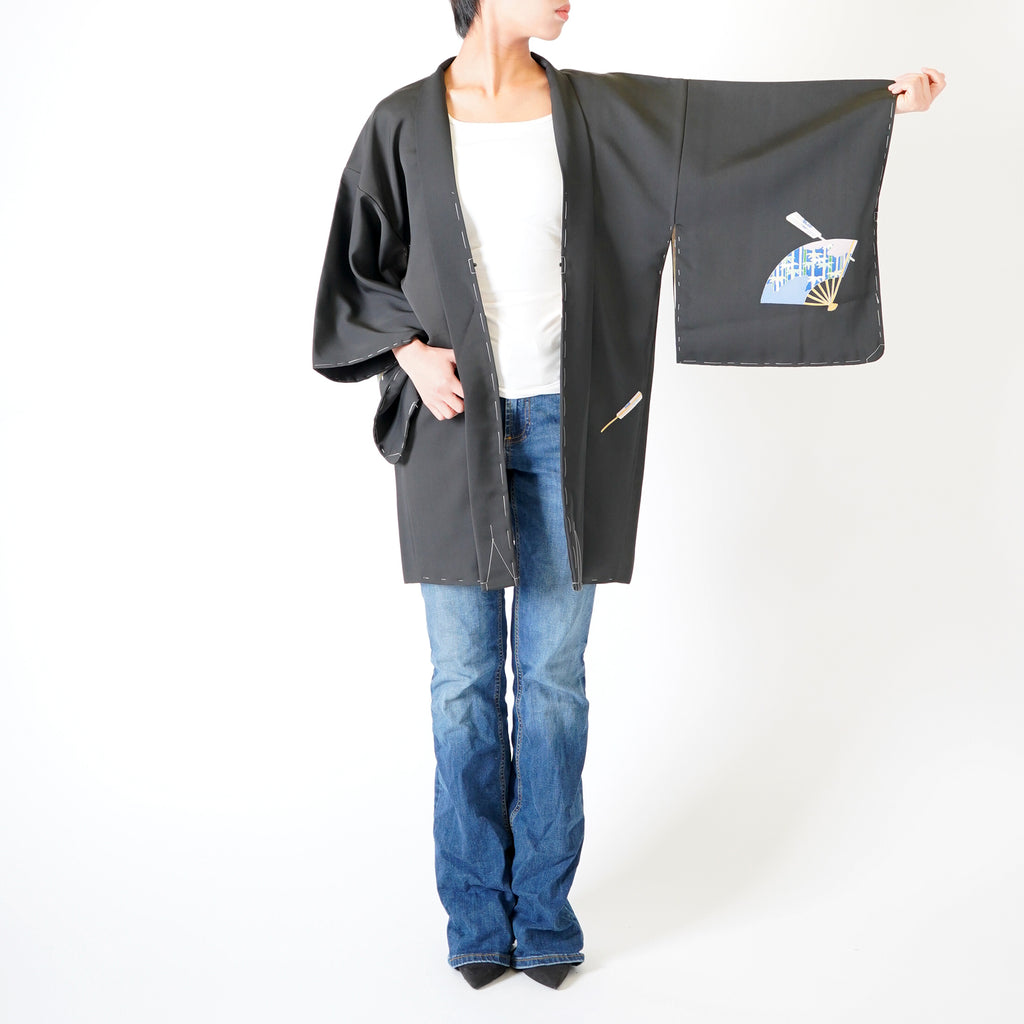 Vintage Kimono Jacket (Haori) - Black Fan Motifs H010