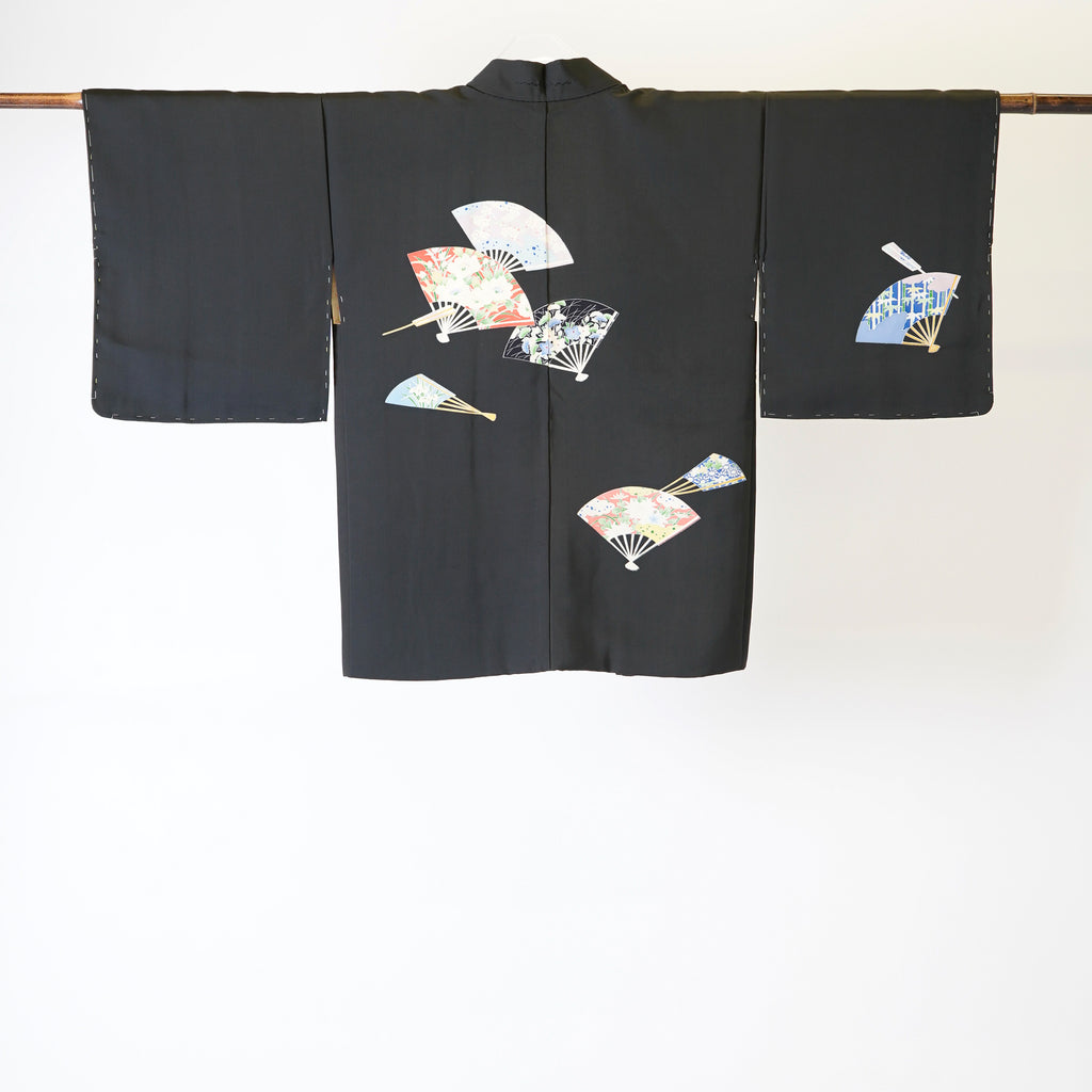 Vintage Kimono Jacket (Haori) - Black Fan Motifs H010