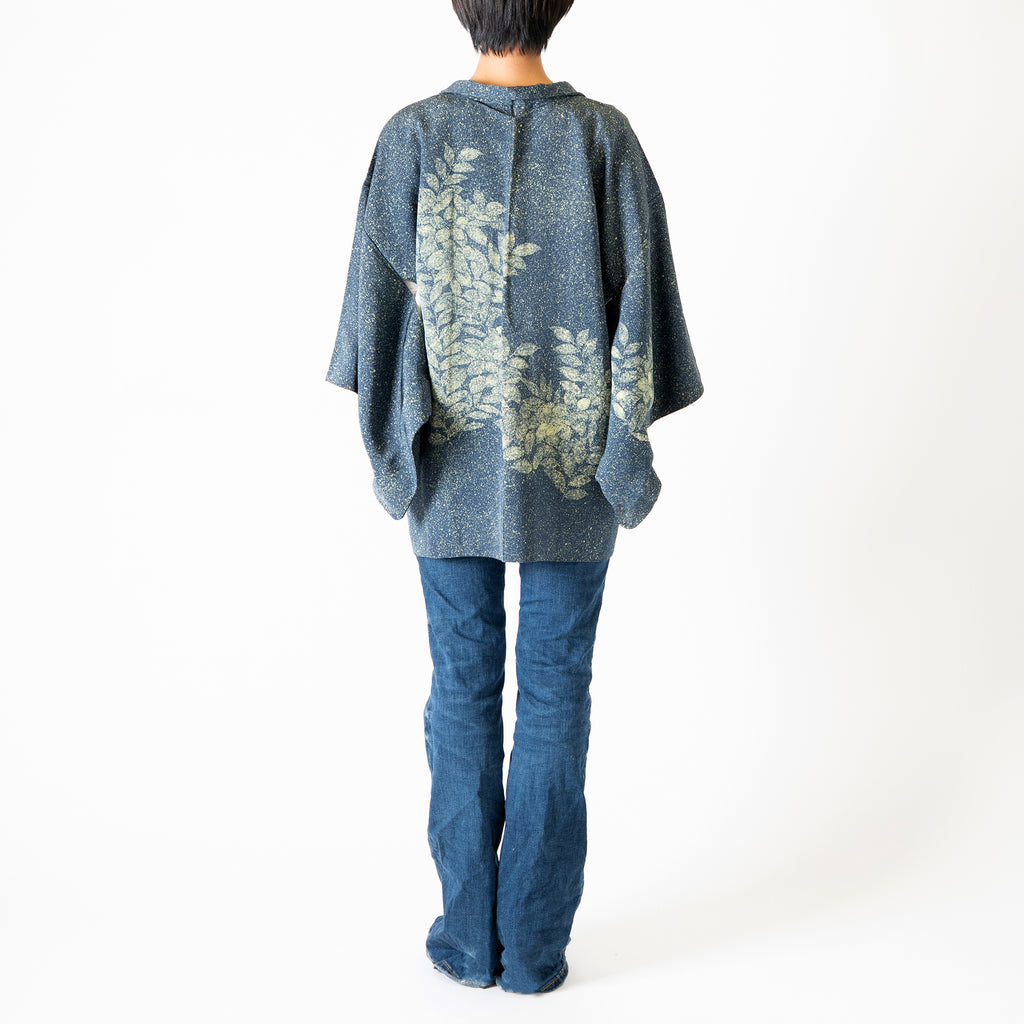 Handcrafted Robe from Vintage Kimono - Navy Tree Leaves Motifs  H011