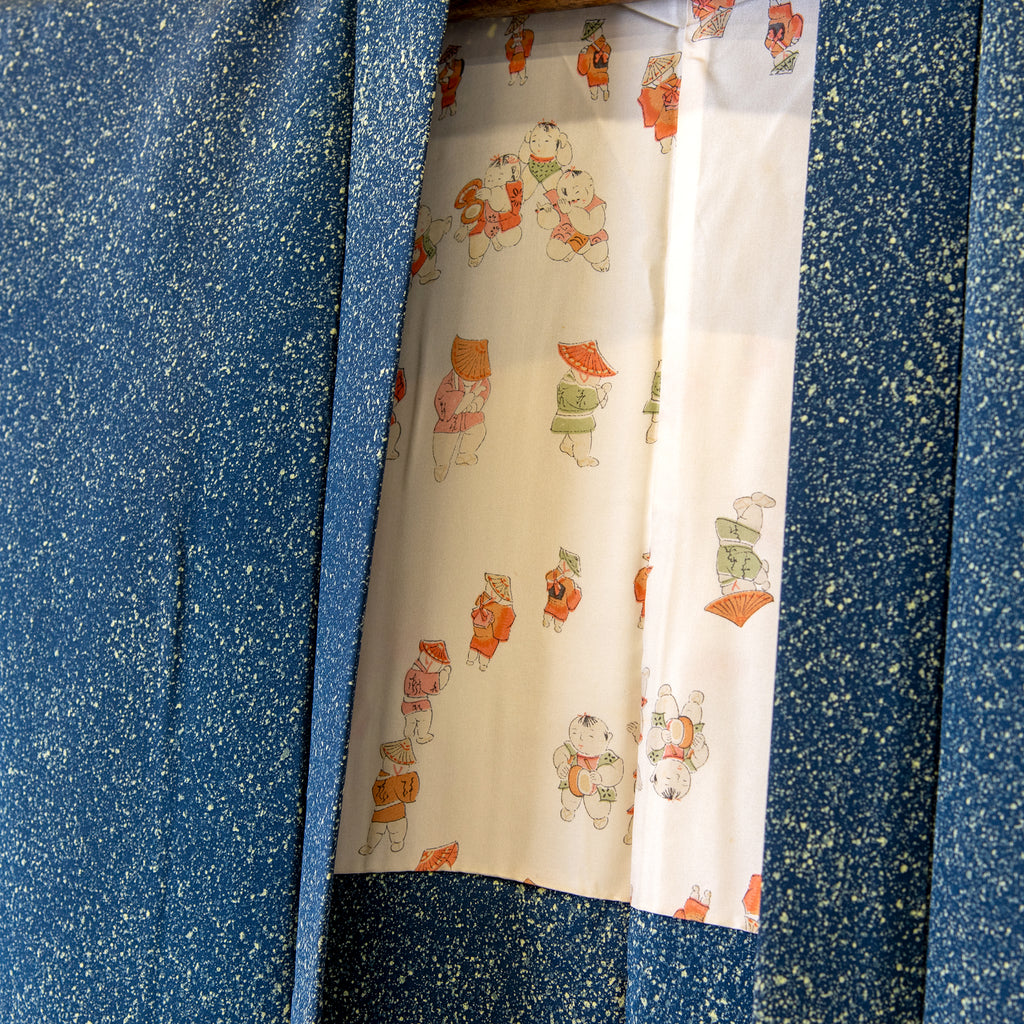 Handcrafted Robe from Vintage Kimono - Navy Tree Leaves Motifs  H011